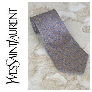 Yves Saint Laurent 100% Silk Grey Blue & Yellow Printed Tie